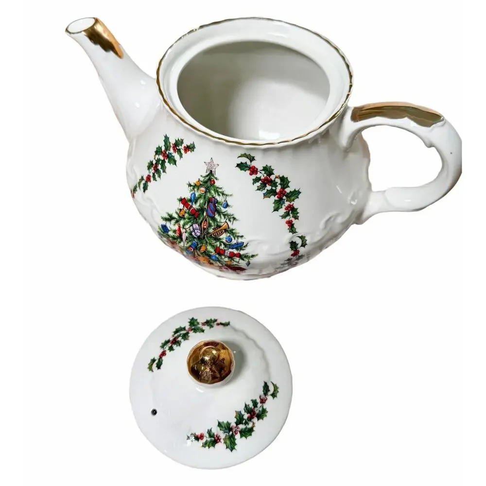 Vintage Schmid England Porcelain Christmas Musical Teapot WORKS O Xmas Tree